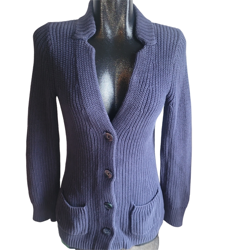 Eddie Bauer Navy Blue Ribbed Knit Cottagecore Cardigan Sweater Size XS